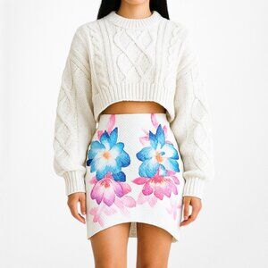 Vintage Y2K White Blue Pink Knit Floral Mini Bodycon High Waisted Skirt XS